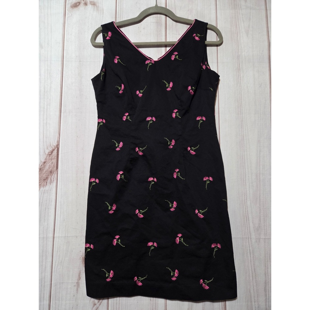 Amanda Smith Petite Black Floral Embroidered V Neck Sleeveless Dress Size 6P‎
